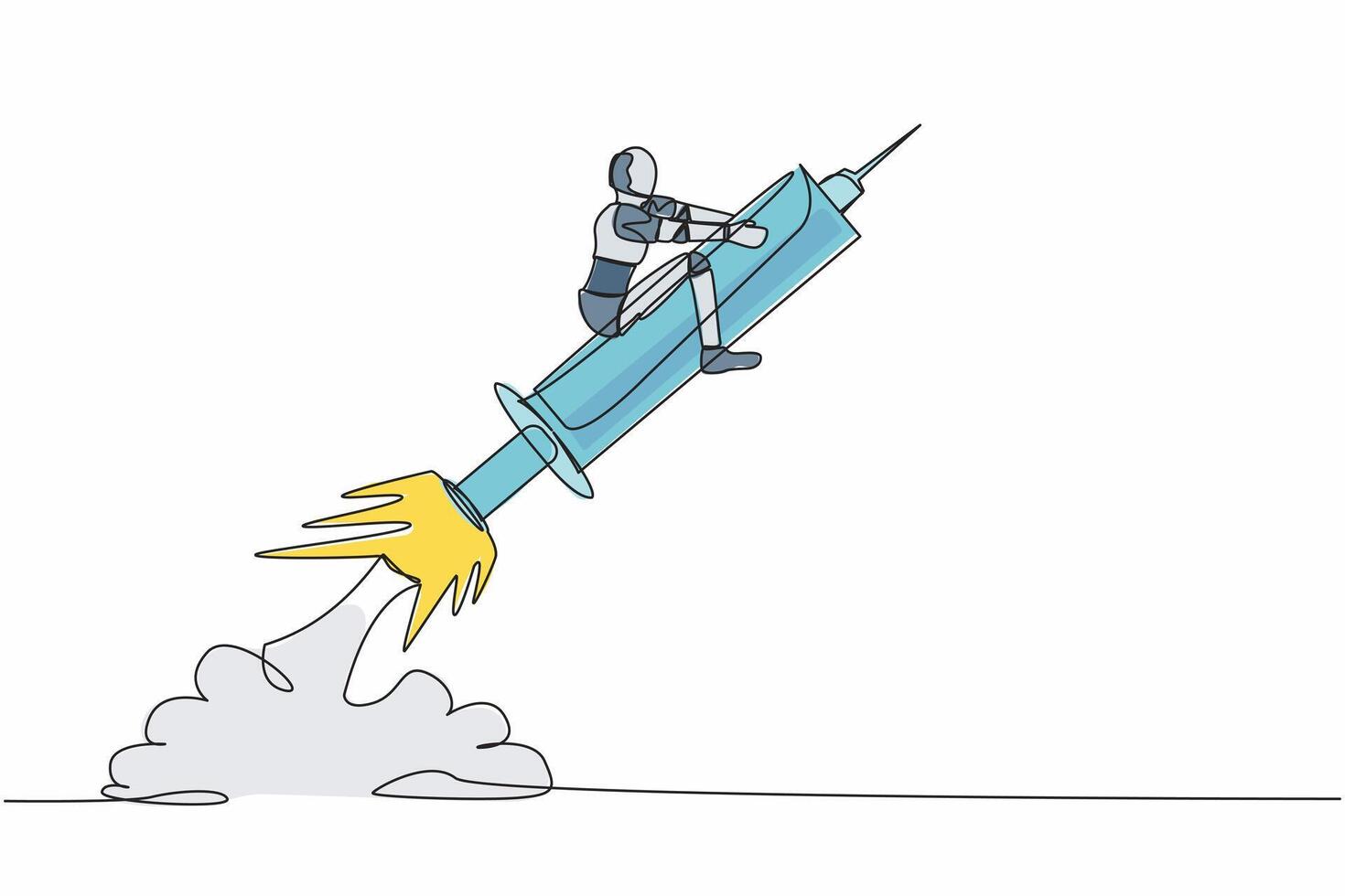Continuous one line drawing robot riding syringe rocket flying in the sky. Boosting health with tech. Robot cybernetic organism. Future robotic development. Single line draw design vector illustration