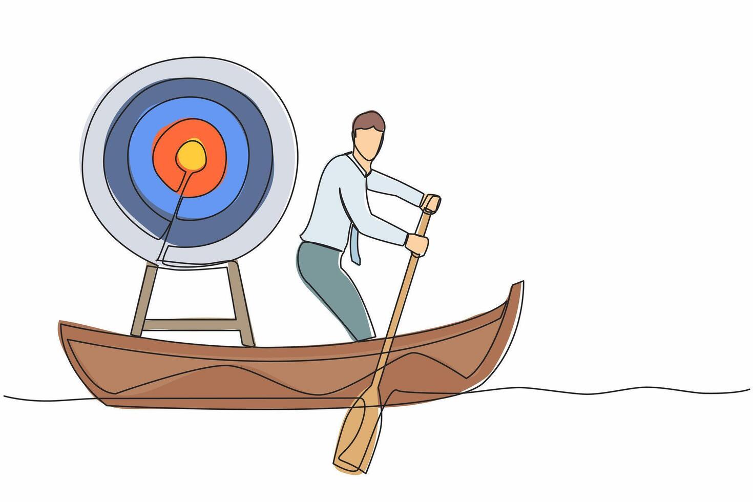 Single one line drawing businessman standing in boat and sailing 