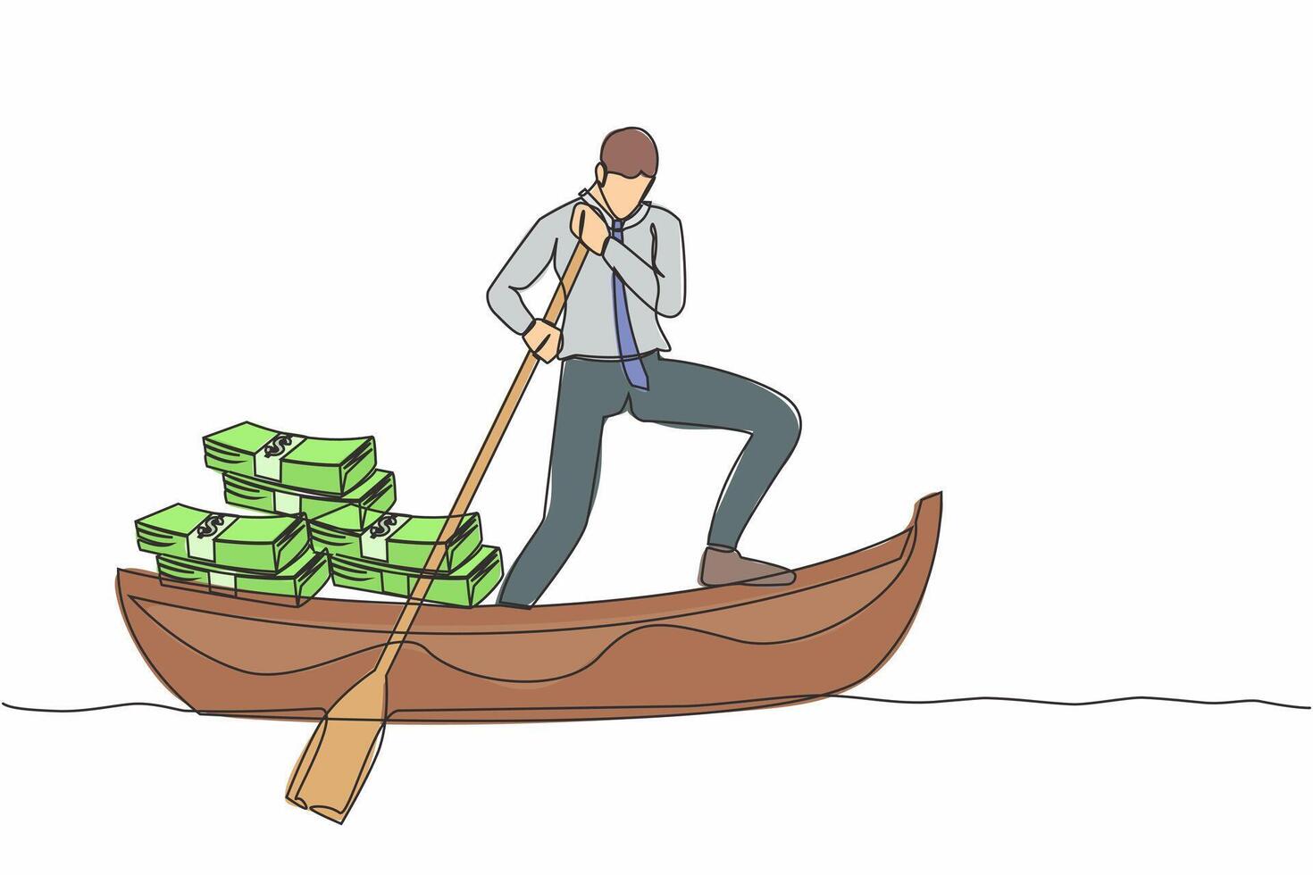 Single one line drawing businessman standing in boat and sailing with pile of banknote. Financial crime, tax evasion, money laundering, political corruption. Continuous line design vector illustration