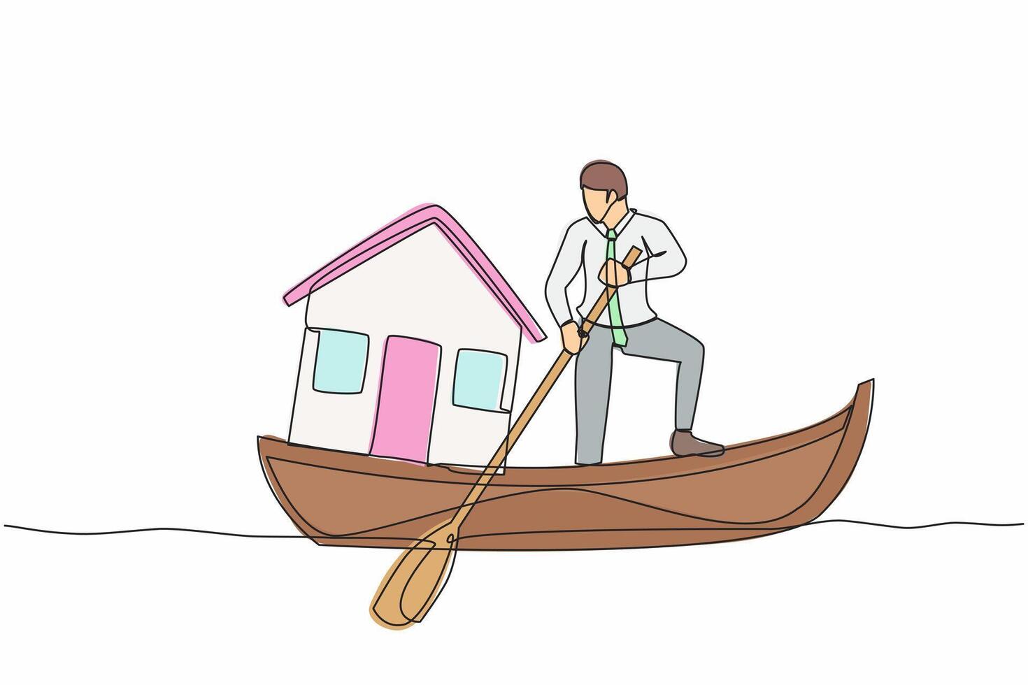 Continuous one line drawing businessman standing in boat and sailing with house. Housing loan settlement. Banks provide home mortgage installments to employees. Single line design vector illustration