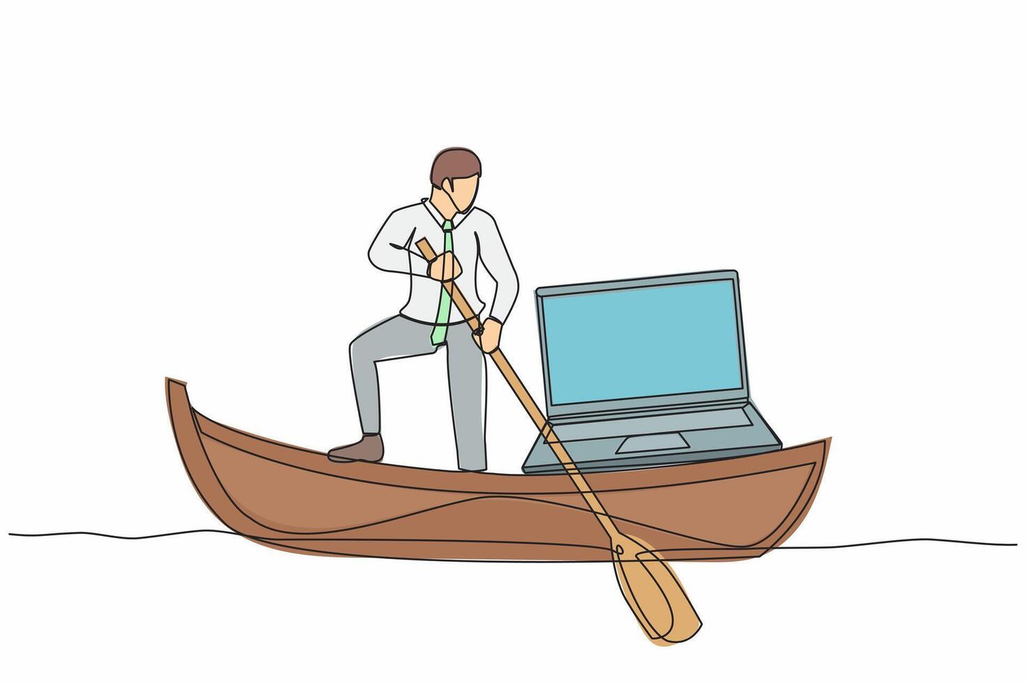 Single continuous line drawing businessman standing in boat and sailing with laptop computer. Happy worker as a freelancer or creative manager. Remote work. One line graphic design vector illustration