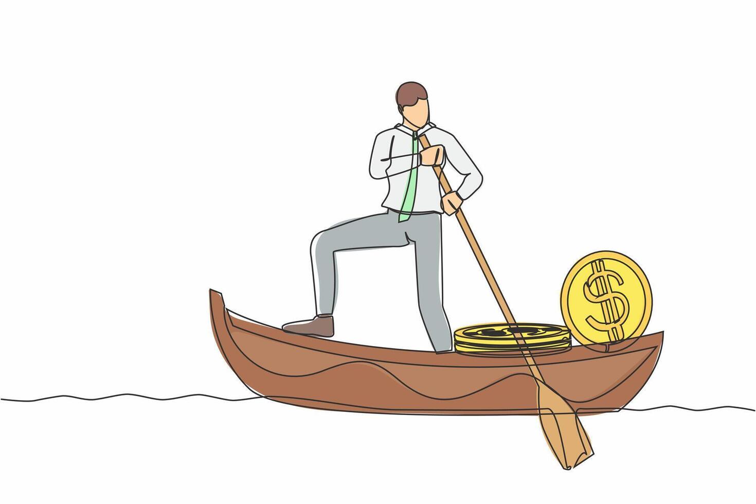 Continuous one line drawing businessman standing in boat and sailing with pile of dollar coins. Criminal stole golden coins from bank. Escape with money. Single line design vector graphic illustration