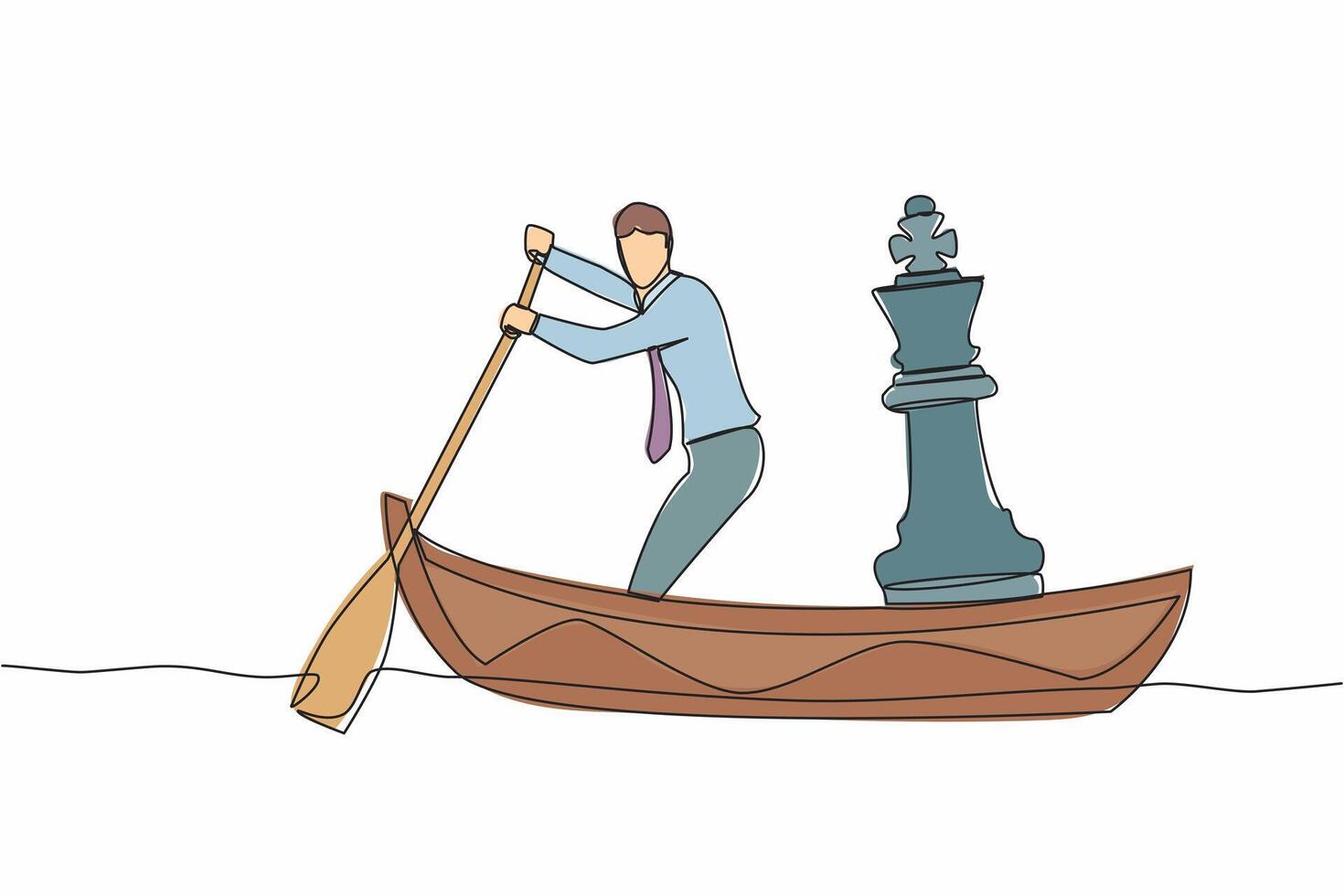 Continuous one line drawing businessman standing in boat and sailing with chess king piece. Tactic and strategy in trade war. Success winning competition. Single line draw design vector illustration