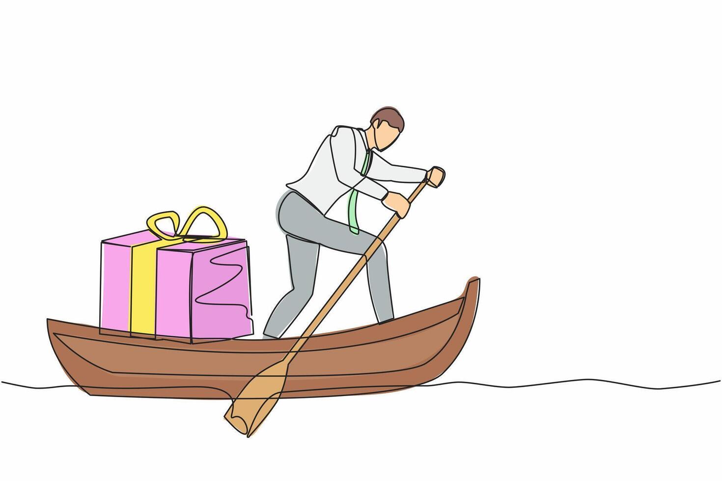 Single continuous line drawing of businessman standing in boat and sailing with gift box. Giving prizes to outstanding employees. Appreciation from company. One line graphic design vector illustration