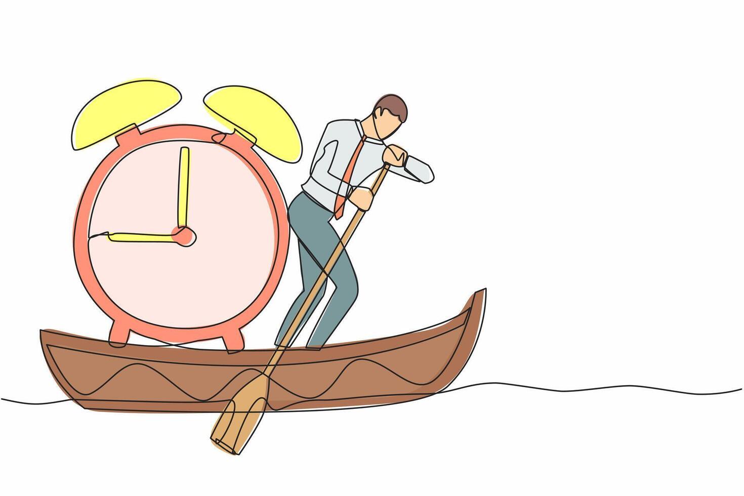 Single continuous line drawing of businessman standing in boat and sailing with alarm clock. Manager escape from project deadline. Time management problem. One line graphic design vector illustration