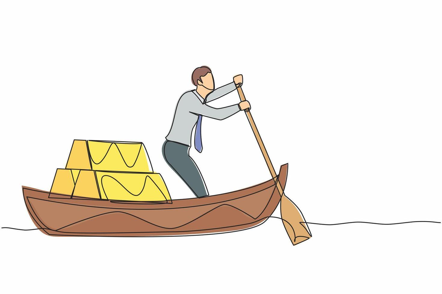 Single one line drawing businessman standing in boat and sailing with stack of golden bullion. Successful investor or entrepreneur. Gold investment. Continuous line graphic design vector illustration