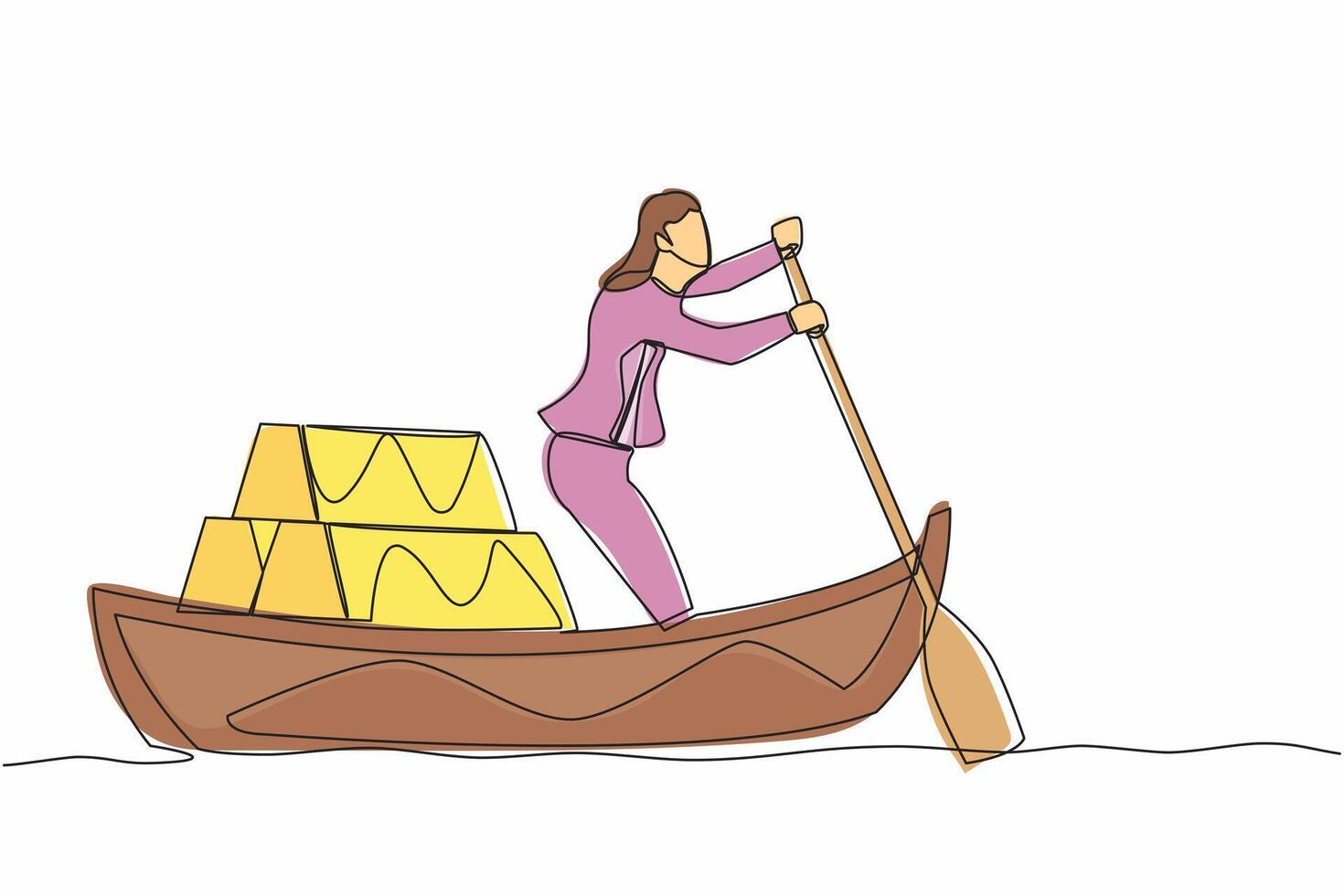 Continuous one line drawing businesswoman sailing away on boat with stack of golden bullion. Gold investment concept. Office worker planning future finance. Single line draw design vector illustration