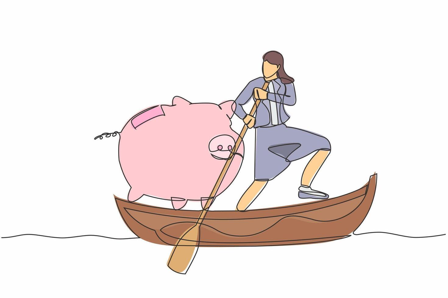 Continuous one line drawing businesswoman sailing away on boat with piggy bank. Saving money for financial management. Investment for personal use. Single line draw design vector graphic illustration