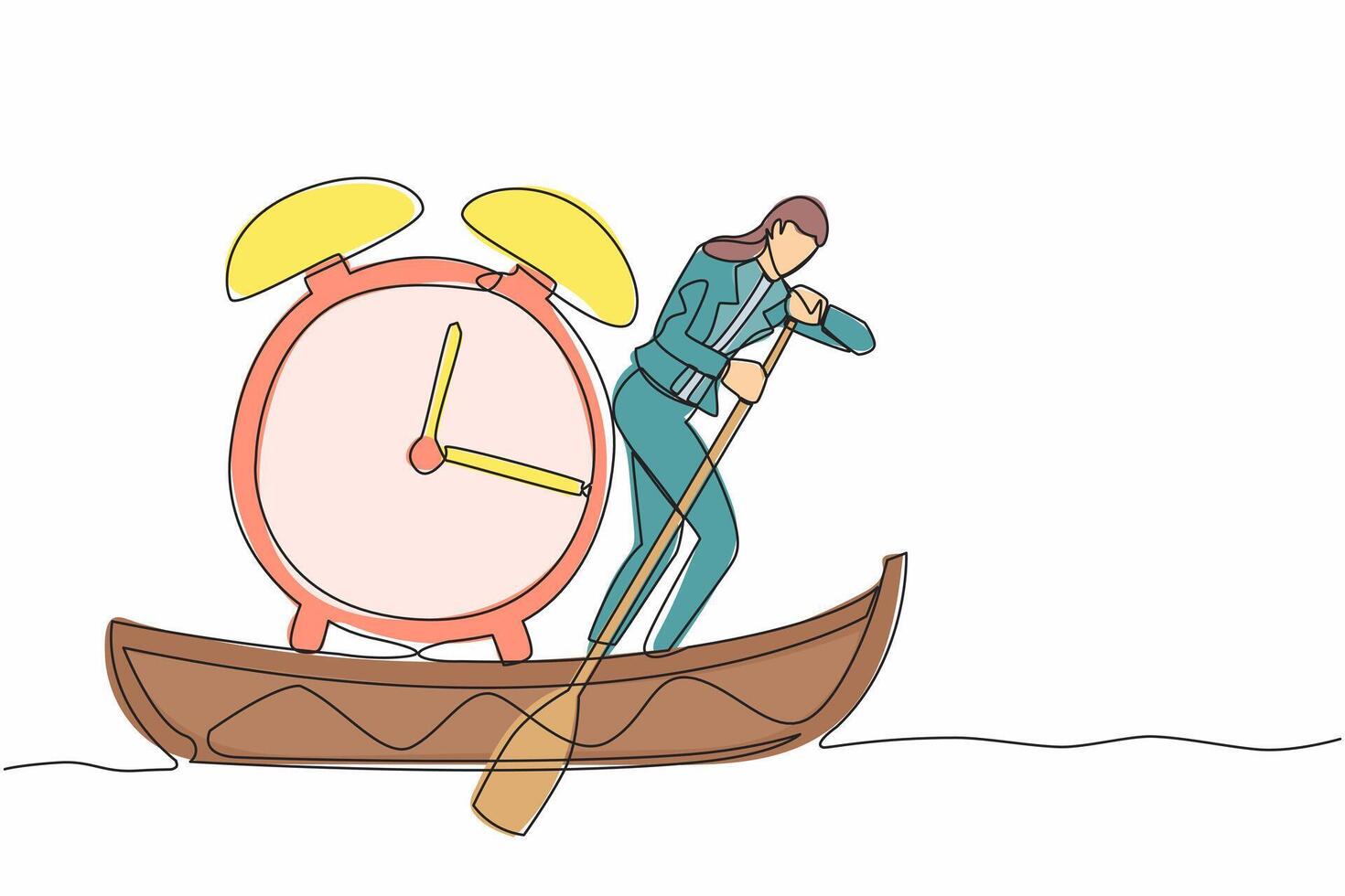 soltero continuo línea dibujo mujer de negocios navegación lejos en barco con alarma reloj. hora administración en negocio proyecto fecha límite. éxito negocio concepto. uno línea gráfico diseño vector ilustración