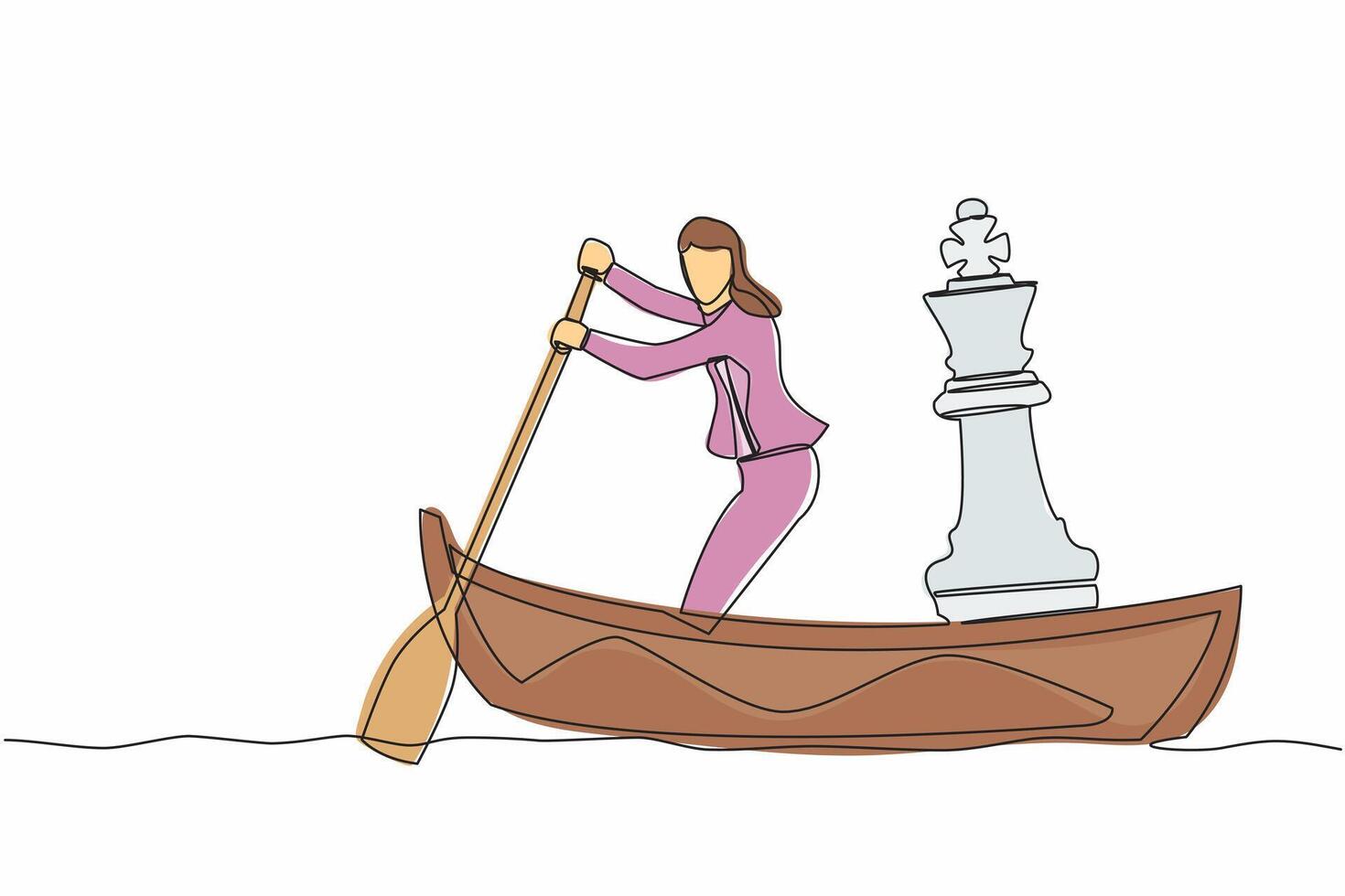 Single one line drawing businesswoman sailing away on boat with chess king piece. Company strategy or tactical move to winning business competition. Continuous line design graphic vector illustration