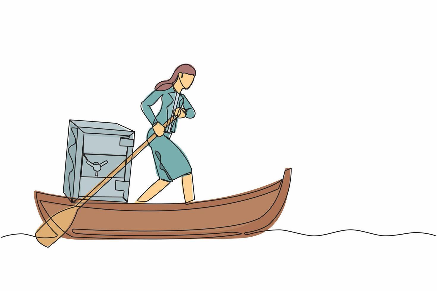 continuo uno línea dibujo mujer de negocios navegación lejos en barco con seguro depositar caja. inesperado financiero oportunidades, crédito, banco depositar proteccion. soltero línea dibujar diseño vector ilustración