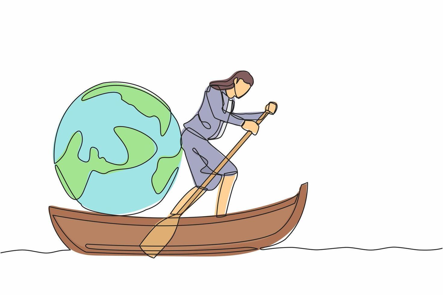 Single continuous line drawing businesswoman standing in boat and sailing with globe ball. Taking trip around the world by ship. Tourism or travelling. One line draw graphic design vector illustration
