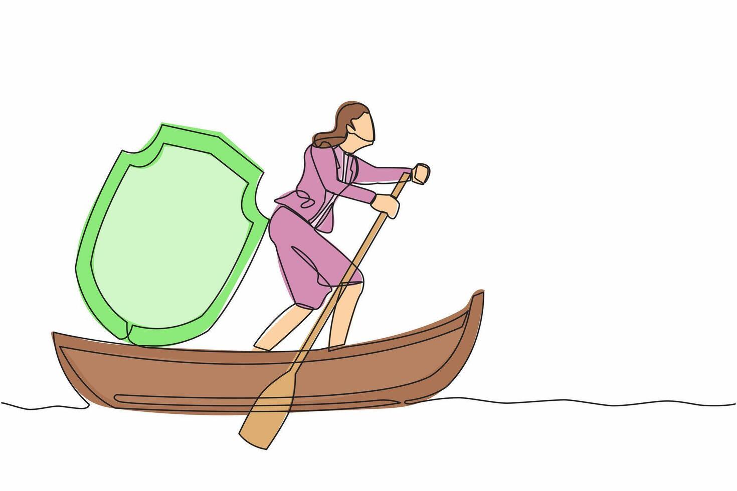 Single continuous line drawing businesswoman sailing away on boat with shield. Business protection and precaution financial crime. Security and insurance. One line graphic design vector illustration