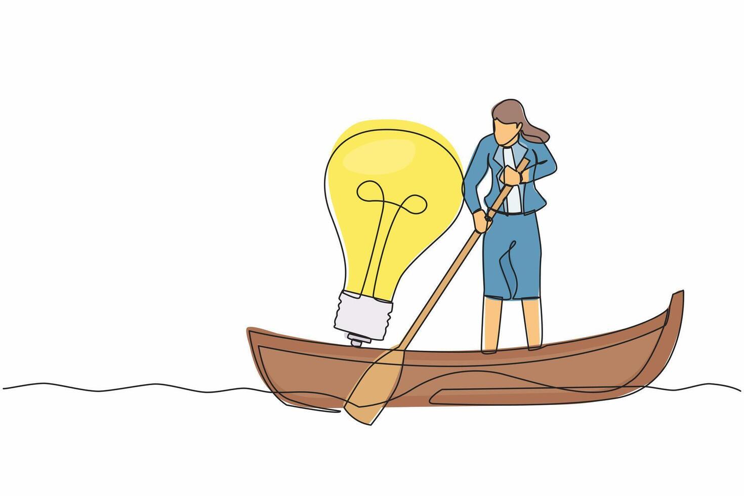 Single continuous line drawing of businesswoman sailing away on boat with light bulb. Success business idea, vision, and innovation for better company. One line draw graphic design vector illustration