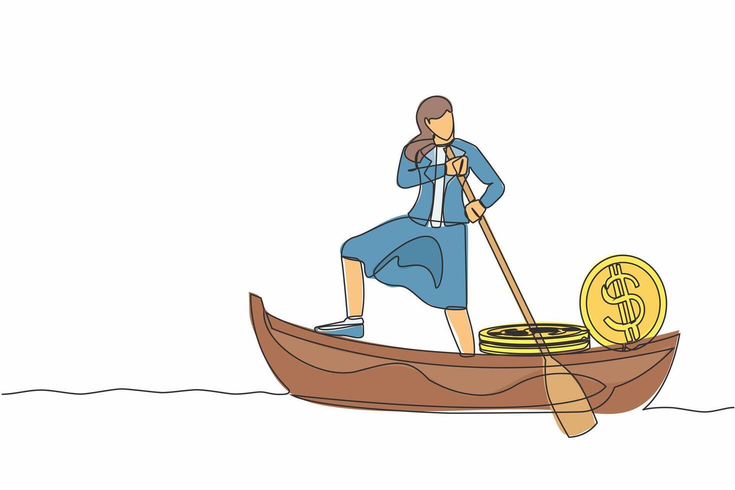 Continuous one line drawing businesswoman sailing away on boat with pile of dollar coins. Criminal stole golden coins from bank. Corruption, robber. Single line draw design vector graphic illustration