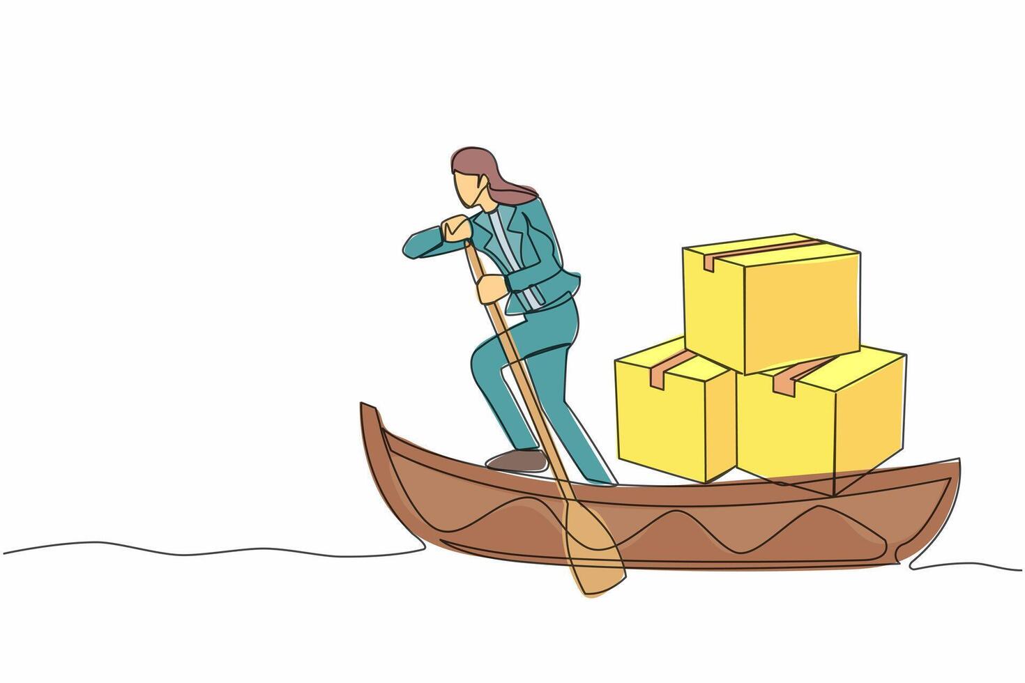Single continuous line drawing businesswoman sailing away on boat with pile of cardboard. Ocean transportation. Shipping items delivered via sailboat. One line draw design vector graphic illustration