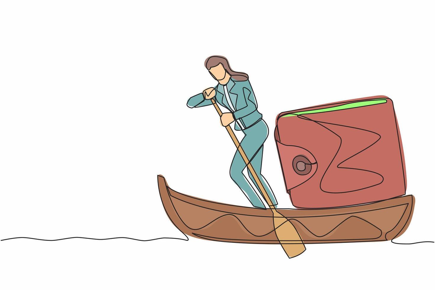 Continuous one line drawing businesswoman sailing away on boat with purse. Financial planning strategy for personal use. Money management concept. Single line draw design vector graphic illustration