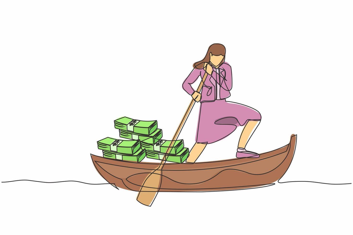 Single continuous line drawing businesswoman sailing away on boat with pile of banknote. Escape with money. Financial crime, tax evasion, money laundering. One line graphic design vector illustration