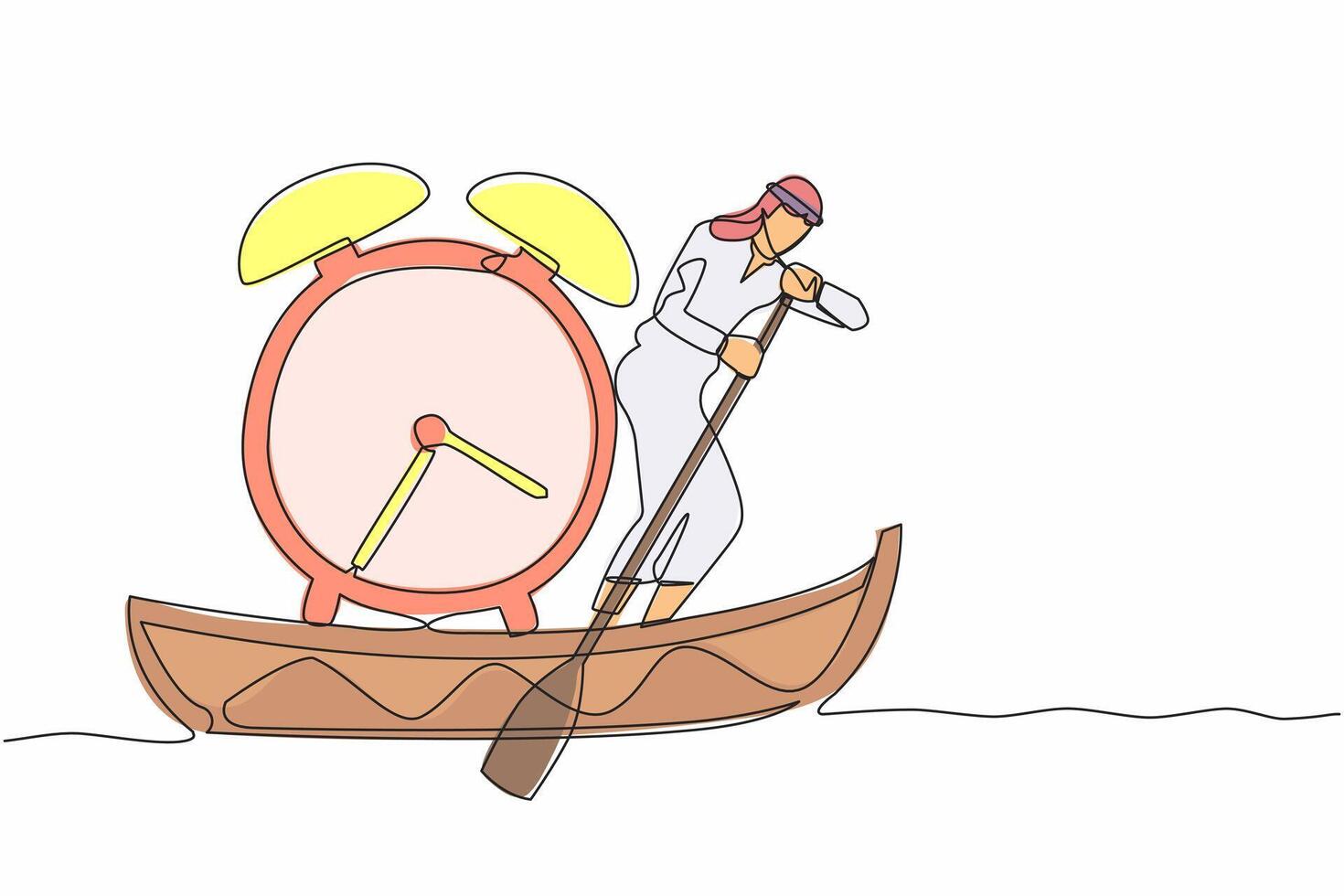 Continuous one line drawing Arab businessman sailing away on boat with alarm clock. Time management in business project deadline. Success business. Single line draw design vector graphic illustration