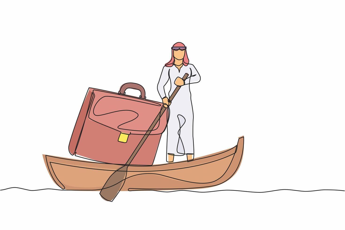 Single continuous line drawing Arab businessman sailing away on boat with briefcase. Employees planning for summer vacation. Take break from busy office tasks. One line draw design vector illustration