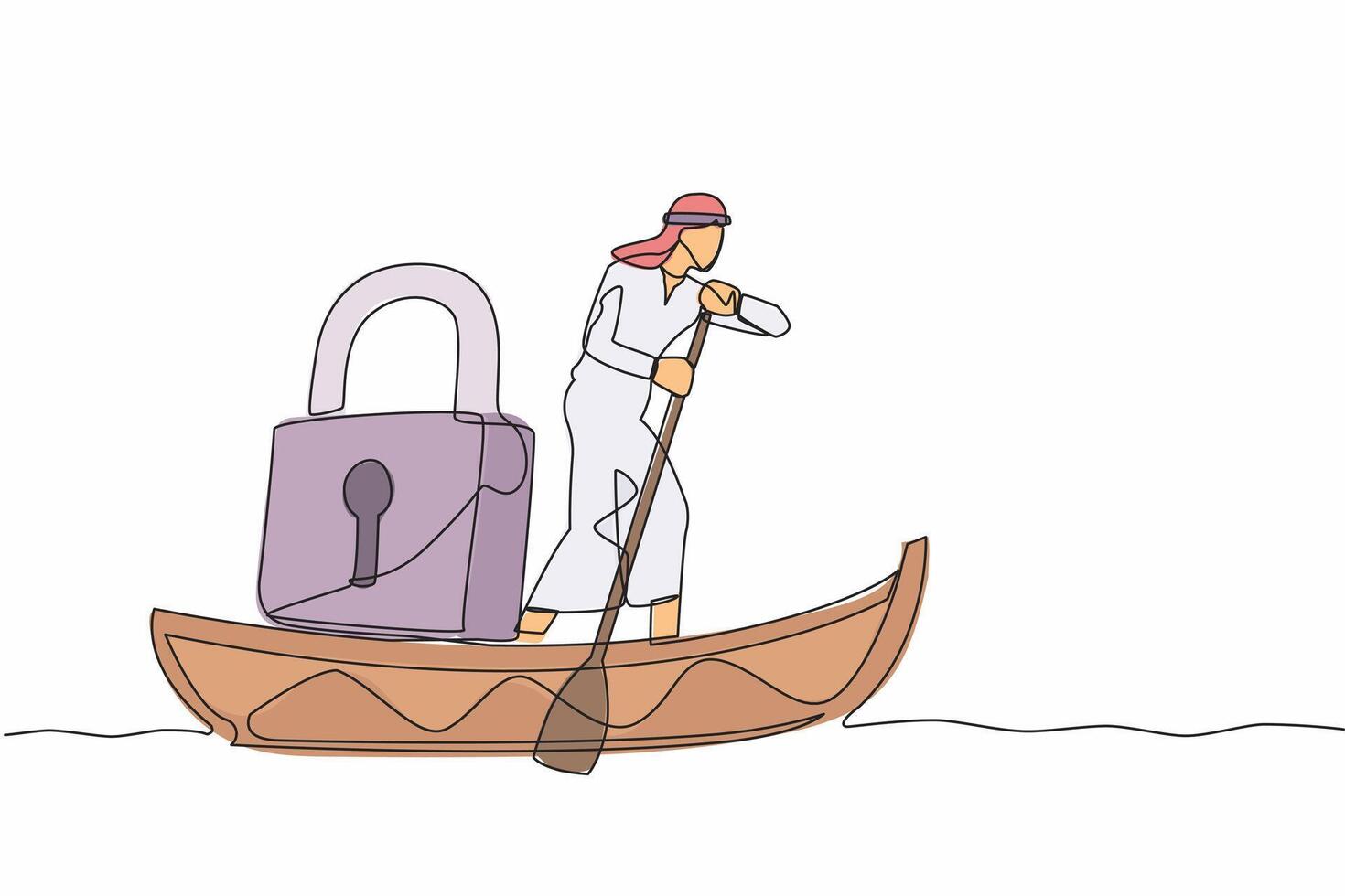 Single continuous line drawing Arabian businessman sailing away on boat with padlock. Security and shipping protection. Delivery business through the ocean. One line graphic design vector illustration