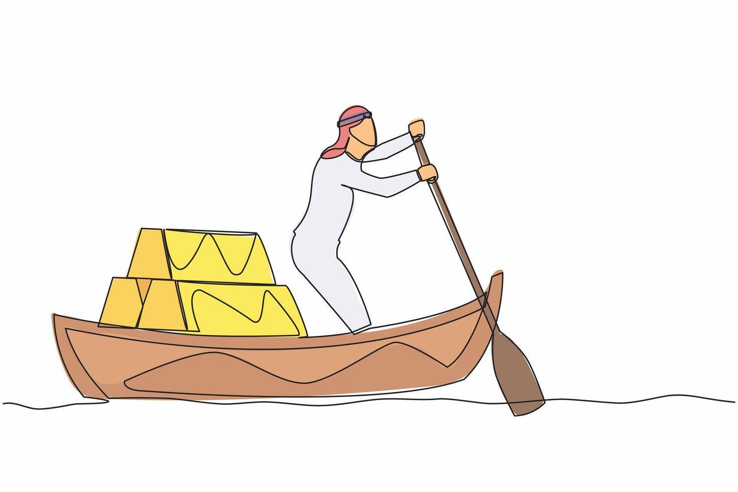 Continuous one line drawing Arab businessman sailing away on boat with stack of golden bullion. Gold investment concept. Office worker planning future finance. Single line design vector illustration