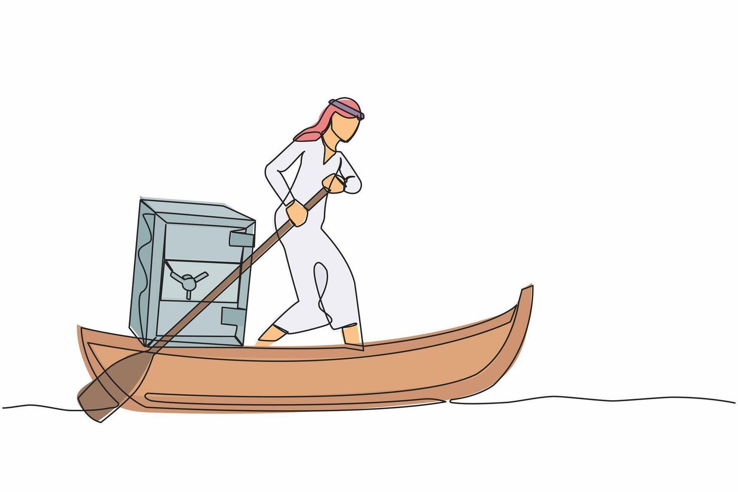 Continuous one line drawing Arabian businessman sailing away on boat with safe deposit box. Unexpected financial opportunities, credit, bank deposit protection. Single line design vector illustration