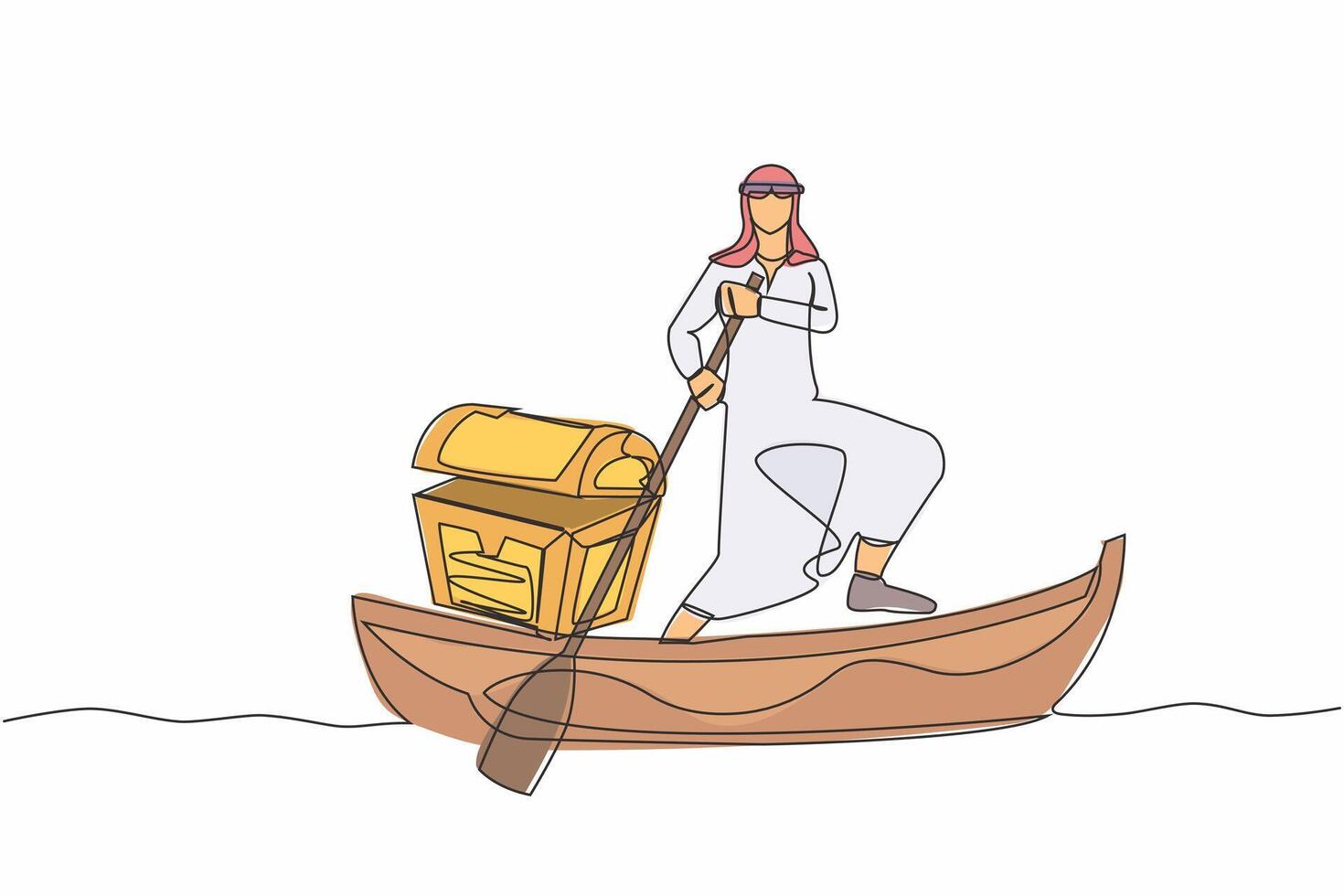 Single one line drawing Arab businessman sailing away on boat with treasure chest. Money laundering, political corruption. Criminal stole golden coins. Continuous line draw design vector illustration