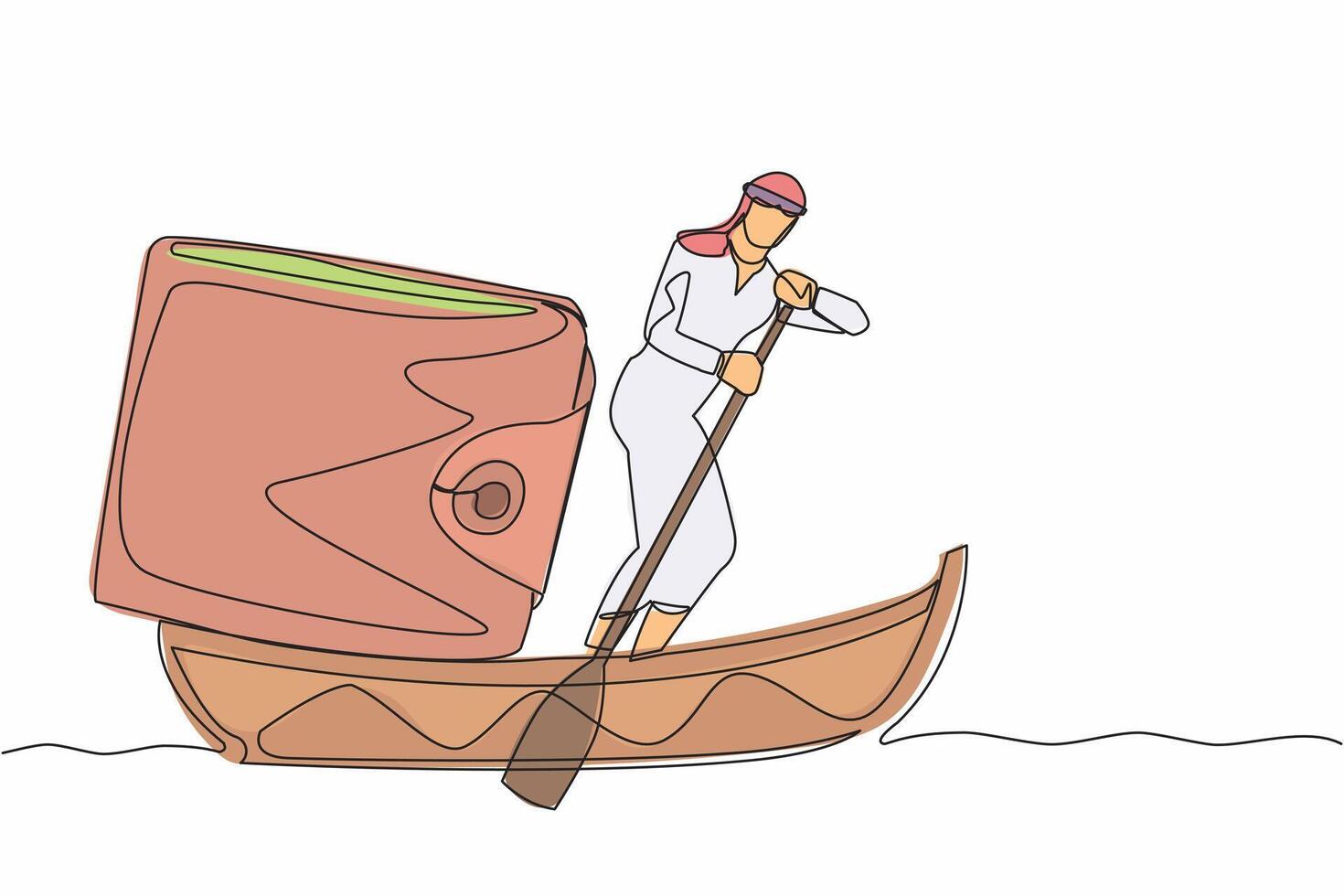 Continuous one line drawing rich Arab businessman sailing away on boat with purse. Financial planning strategy for personal use. Money management. Single line draw design vector graphic illustration