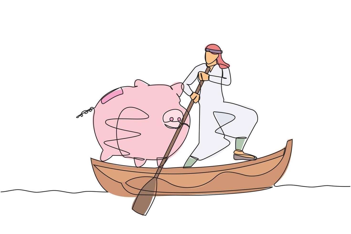 Continuous one line drawing Arabian man sailing away on boat with piggy bank. Economy purpose saving household money. Domestic financial budgeting and plan. Single line draw design vector illustration