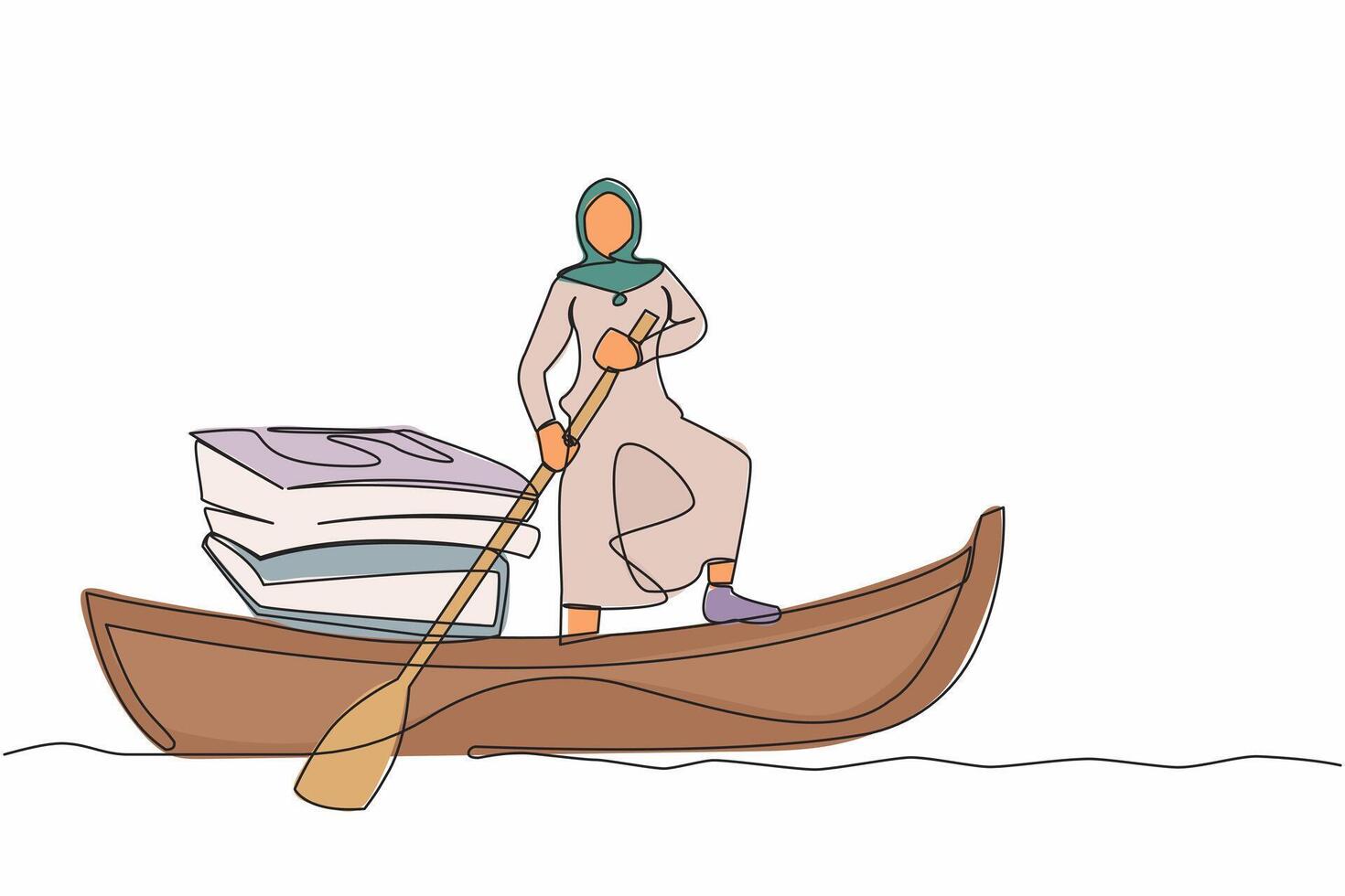 Continuous one line drawing Arabian businesswoman standing in boat and sailing with pile of papers. Manager escape from stack of document, paperwork, overworked. Single line design vector illustration