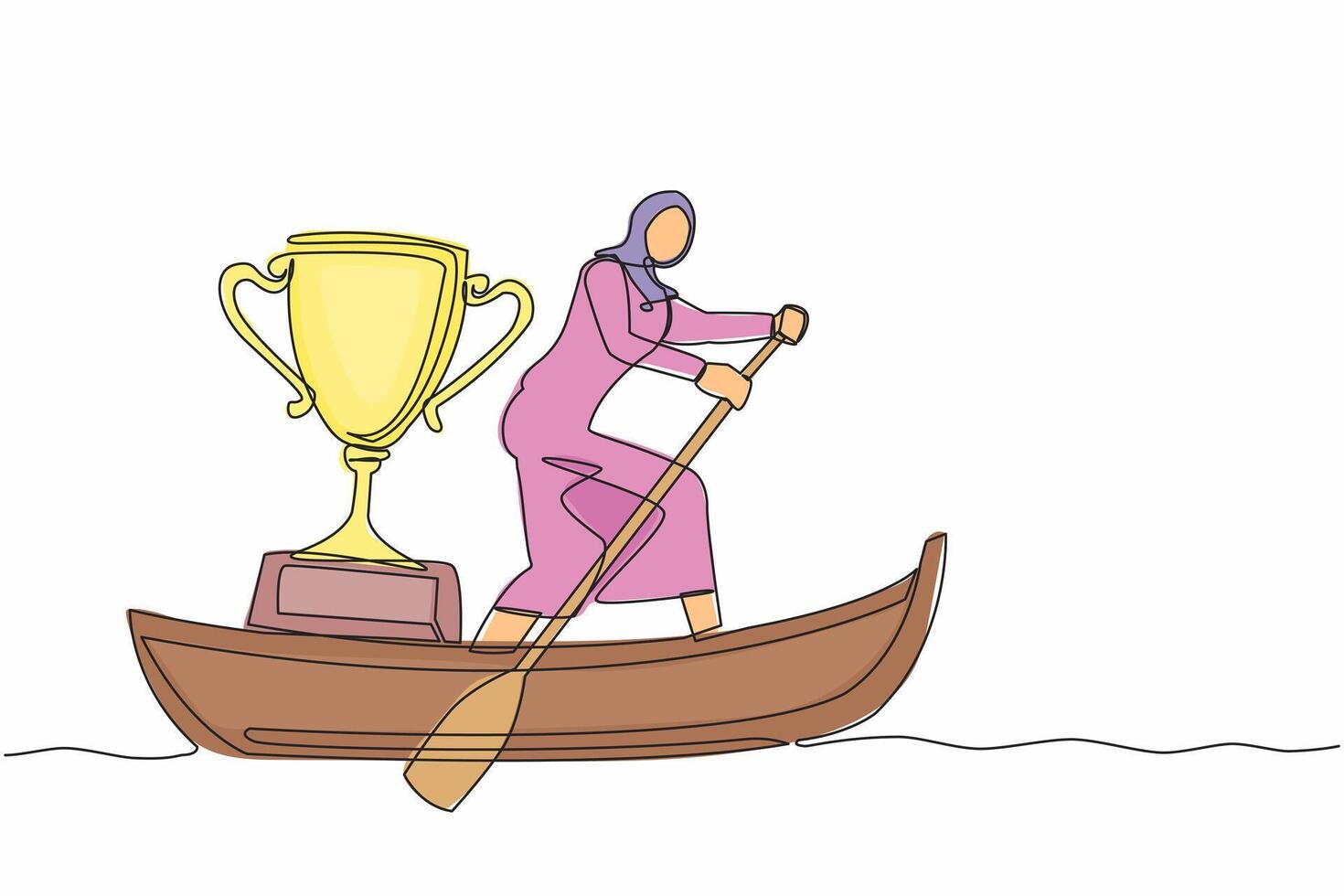 Single continuous line drawing Arab businesswoman standing in boat and sailing with trophy. Water sports competition. Sailing championship recognition award. One line draw design vector illustration