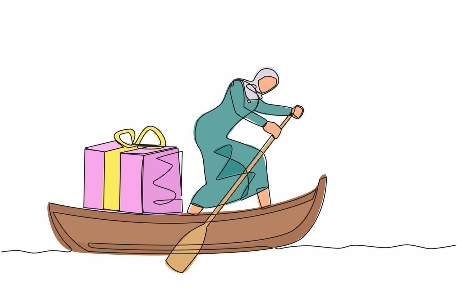 Single one line drawing Arabian businesswoman standing in boat and sailing with gift box. Giving prizes to outstanding employees. Appreciation from company. Continuous line design vector illustration