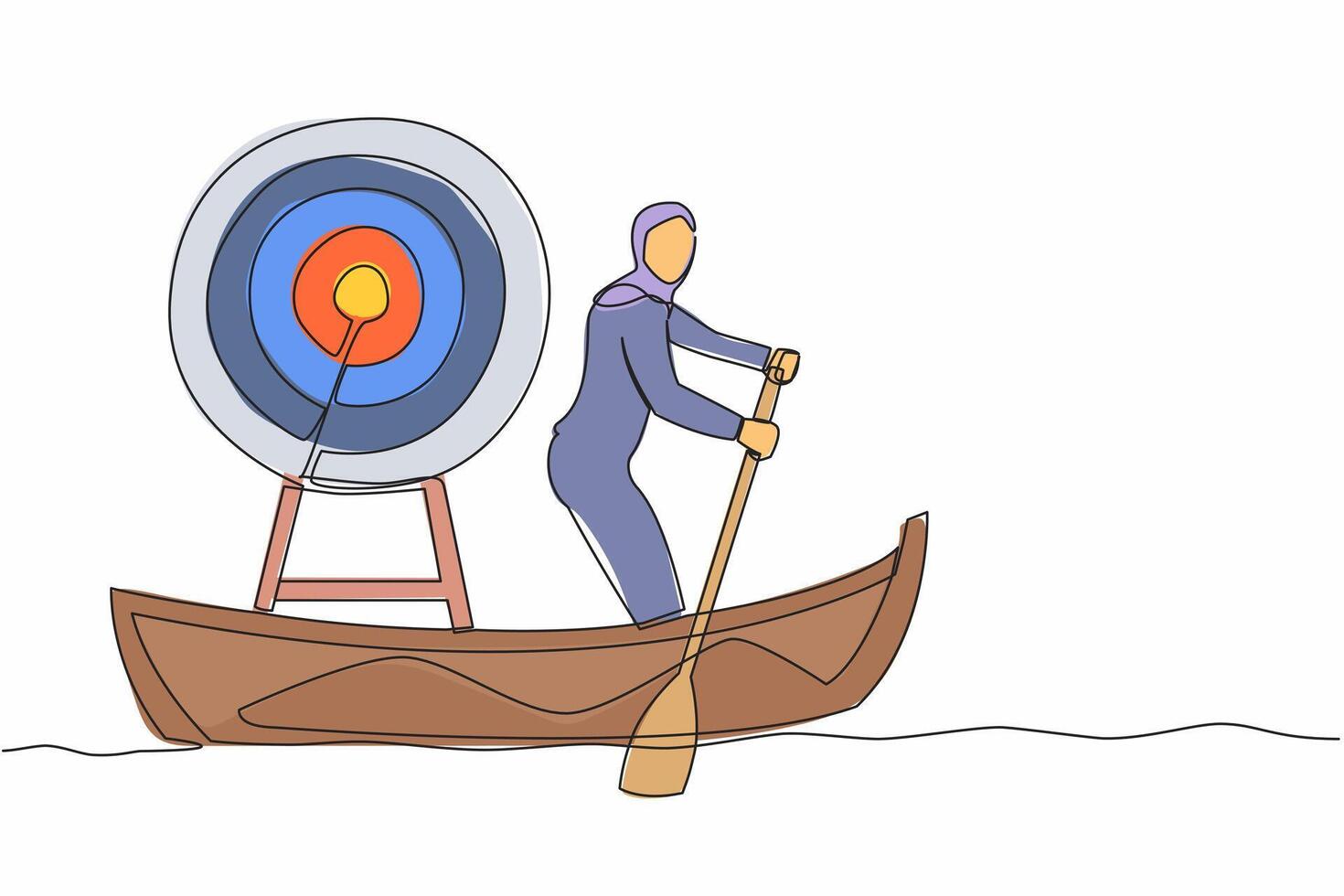 Single one line drawing Arab businesswoman standing in boat and sailing with dartboard target.  Hard work achieve business mission and win competition. Continuous line draw design vector illustration
