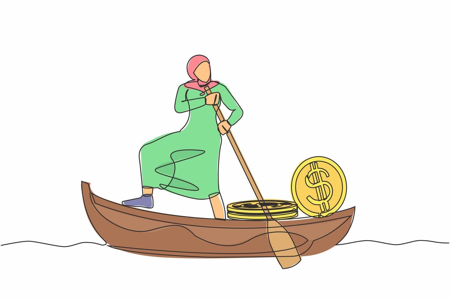 Single continuous line drawing Arab businesswoman standing in boat and sailing with stack of golden coin dollar. Successful investor entrepreneur. Gold investment. One line design vector illustration