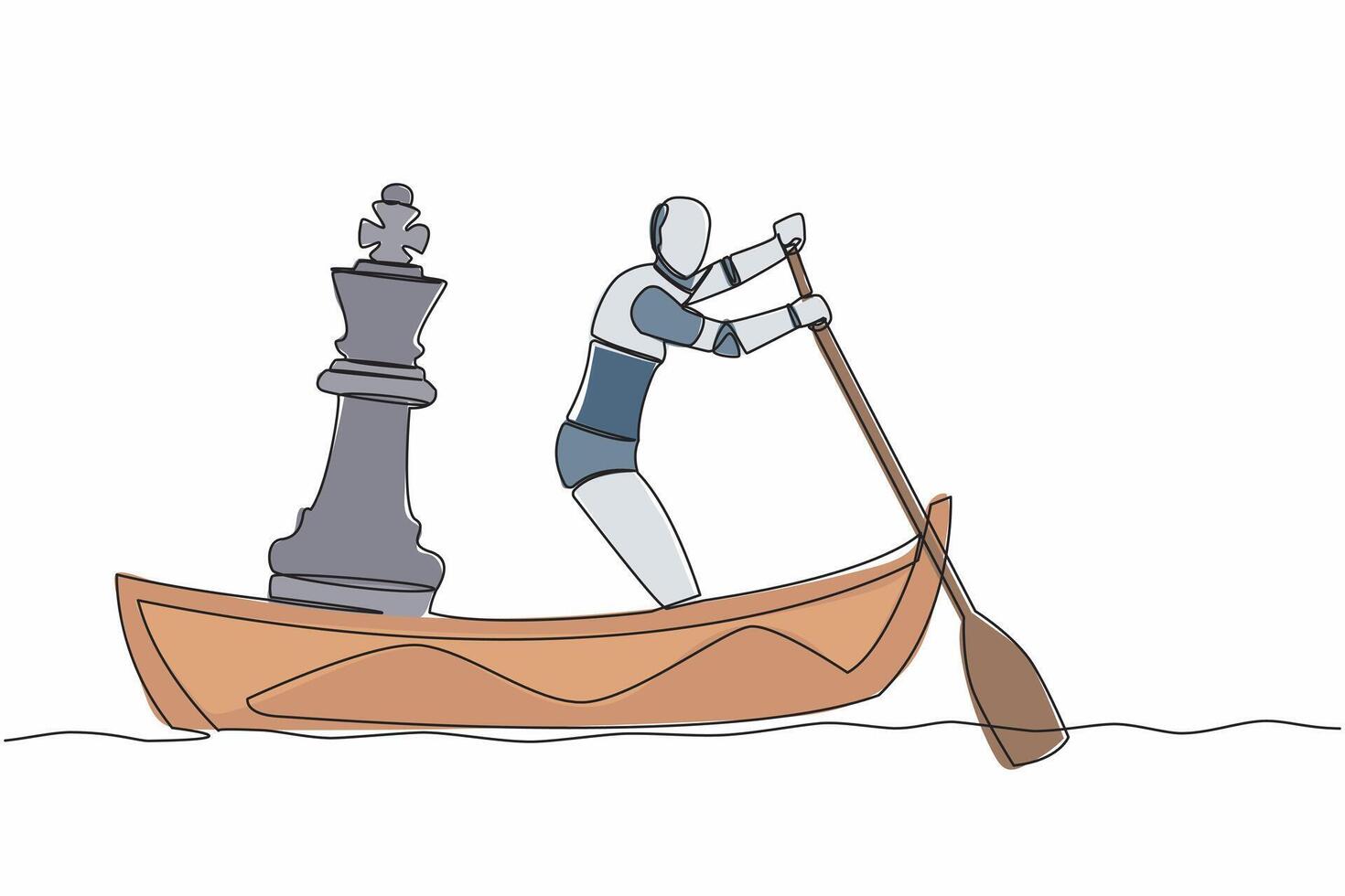 Single continuous line drawing robot sailing away on boat with chess king piece. Strategic move to winning business competition. Future technology development. One line draw design vector illustration