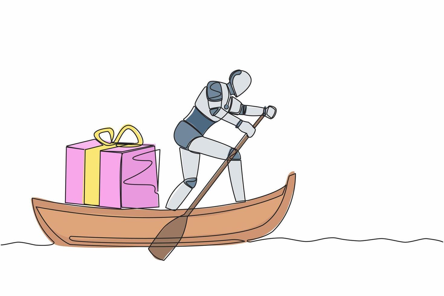 Single continuous line drawing robot sailing away on boat with gift box. Prizes for outstanding tech processing. Future technology. Artificial intelligence. One line graphic design vector illustration