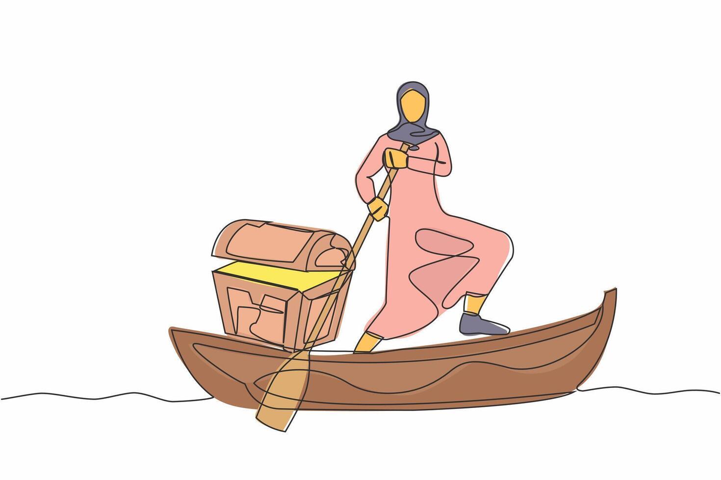 Continuous one line drawing Arab businesswoman standing in boat and sailing with treasure chest. Success financial. Money laundering, political corruption. Single line draw design vector illustration