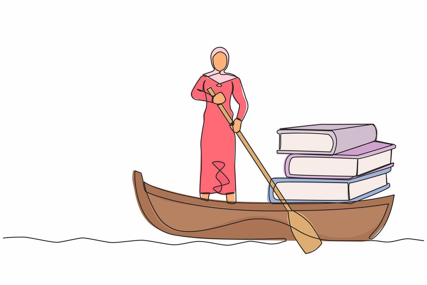 Single continuous line drawing Arab businesswoman standing in boat and sailing with books stack. Success manager with extensive knowledge. Study and growth. One line graphic design vector illustration