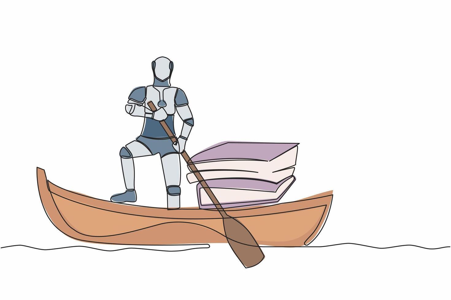 Single continuous line drawing robot sailing away on boat with stack of papers. Manage digital document in tech company. Future technology development. One line draw graphic design vector illustration