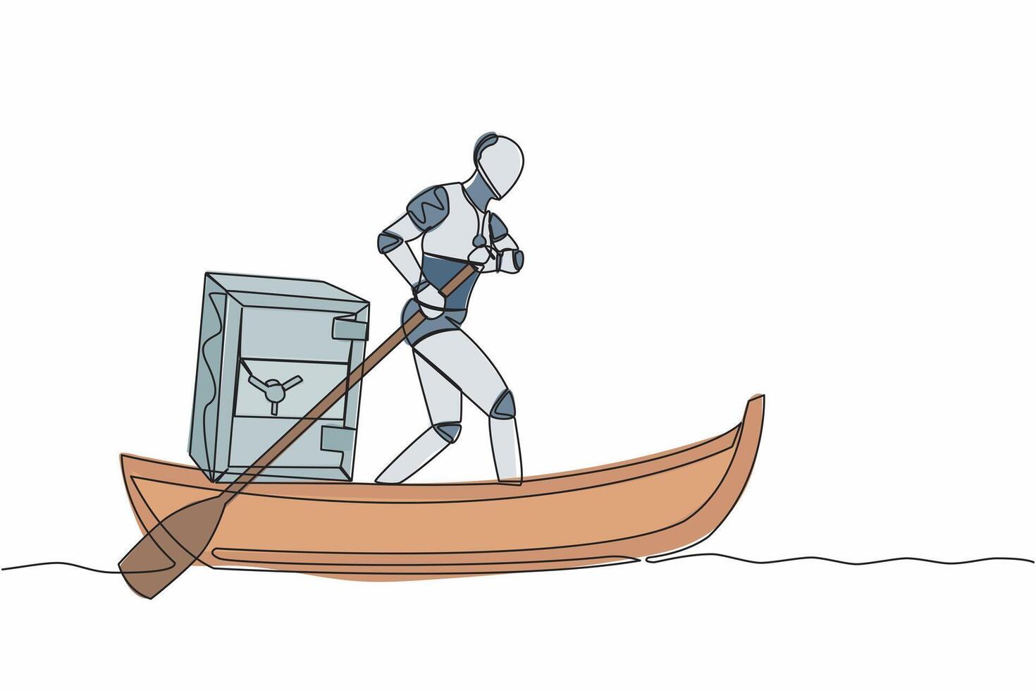 Single one line drawing intelligence robot standing in boat and sailing with safe deposit box. Escape with money. Criminal stole golden coin from bank. Continuous line draw design vector illustration