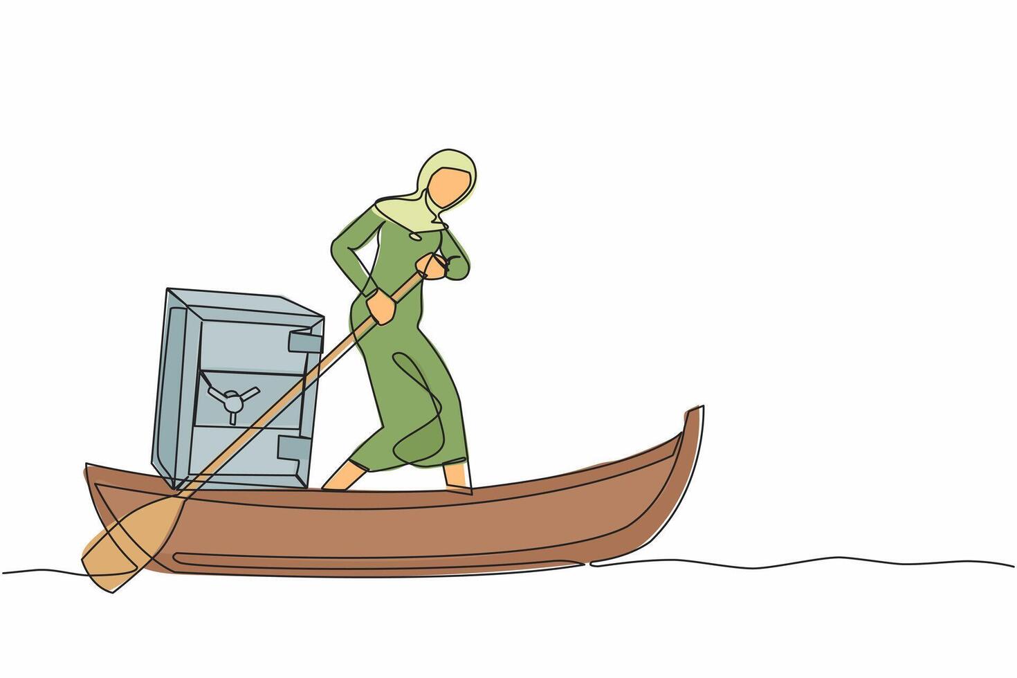 Continuous one line drawing Arab businesswoman standing in boat and sailing with safe deposit box. Escape with money. Criminal stole golden coin from bank. Single line draw design vector illustration