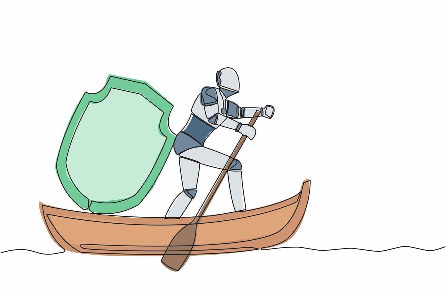 Continuous one line drawing of robot sailing away on boat with shield. Security and insurance in tech company. Humanoid robot cybernetic organism. Single line draw design vector graphic illustration