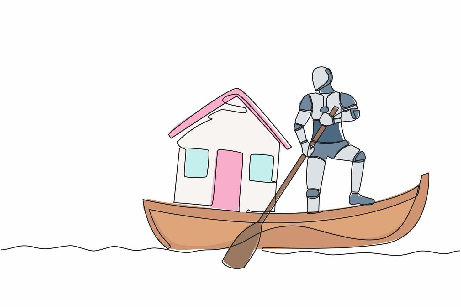 One continuous line drawing of robot sailing away on boat with house miniature. Online search for housing on internet. Smart genius intelligence . Single line draw design graphic vector illustration
