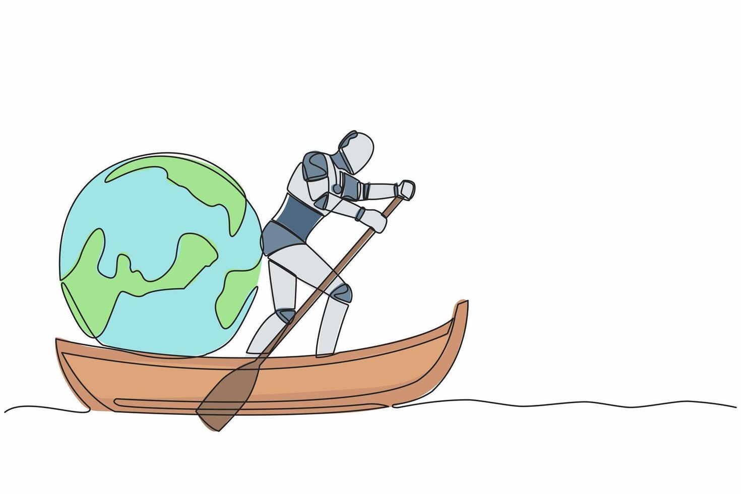 One continuous line drawing artificial robot standing in boat and sailing with earth globe. Taking trip around the world by ship. Tourism or travelling. Single line graphic design vector illustration