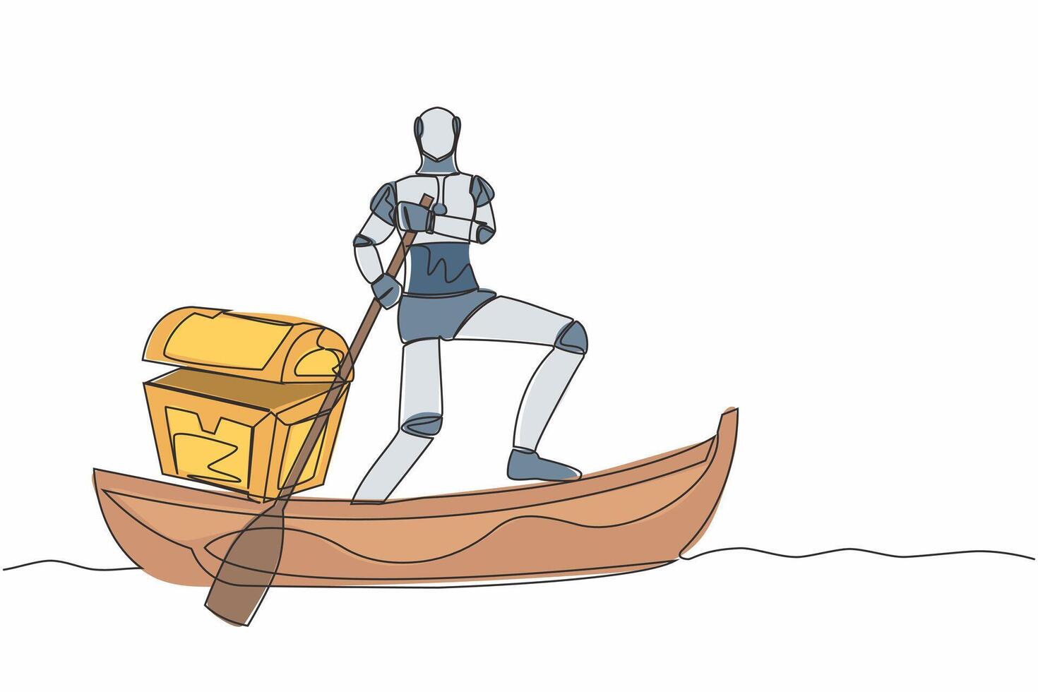 Single continuous line drawing robot sailing away on boat with treasure chest. Money laundering in tech company. Future technology. Artificial intelligence. One line graphic design vector illustration