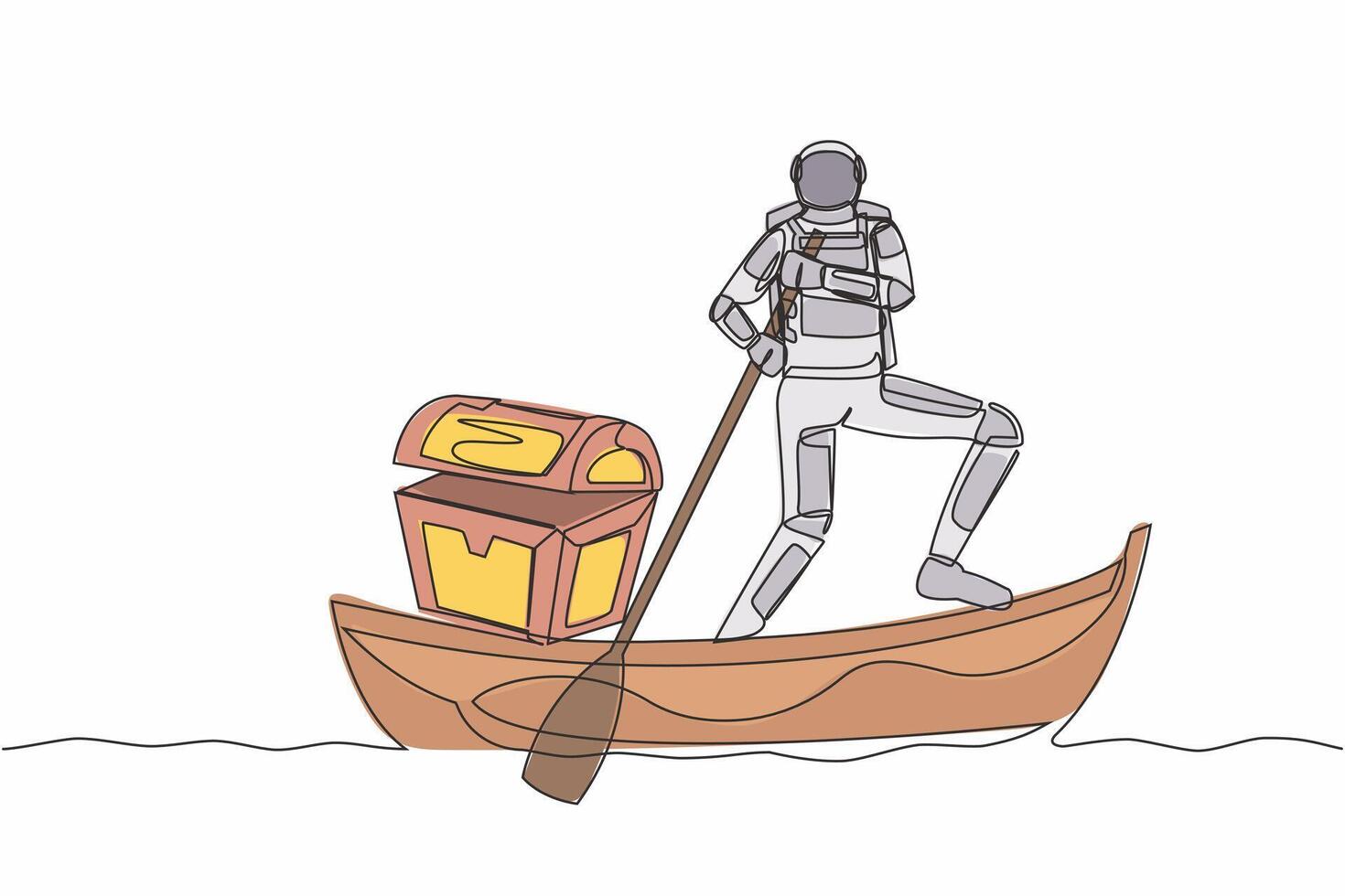 Continuous one line drawing astronaut sailing away on boat with treasure chest. Money laundering in shuttle launch mission. Cosmonaut outer space. Single line draw design vector graphic illustration