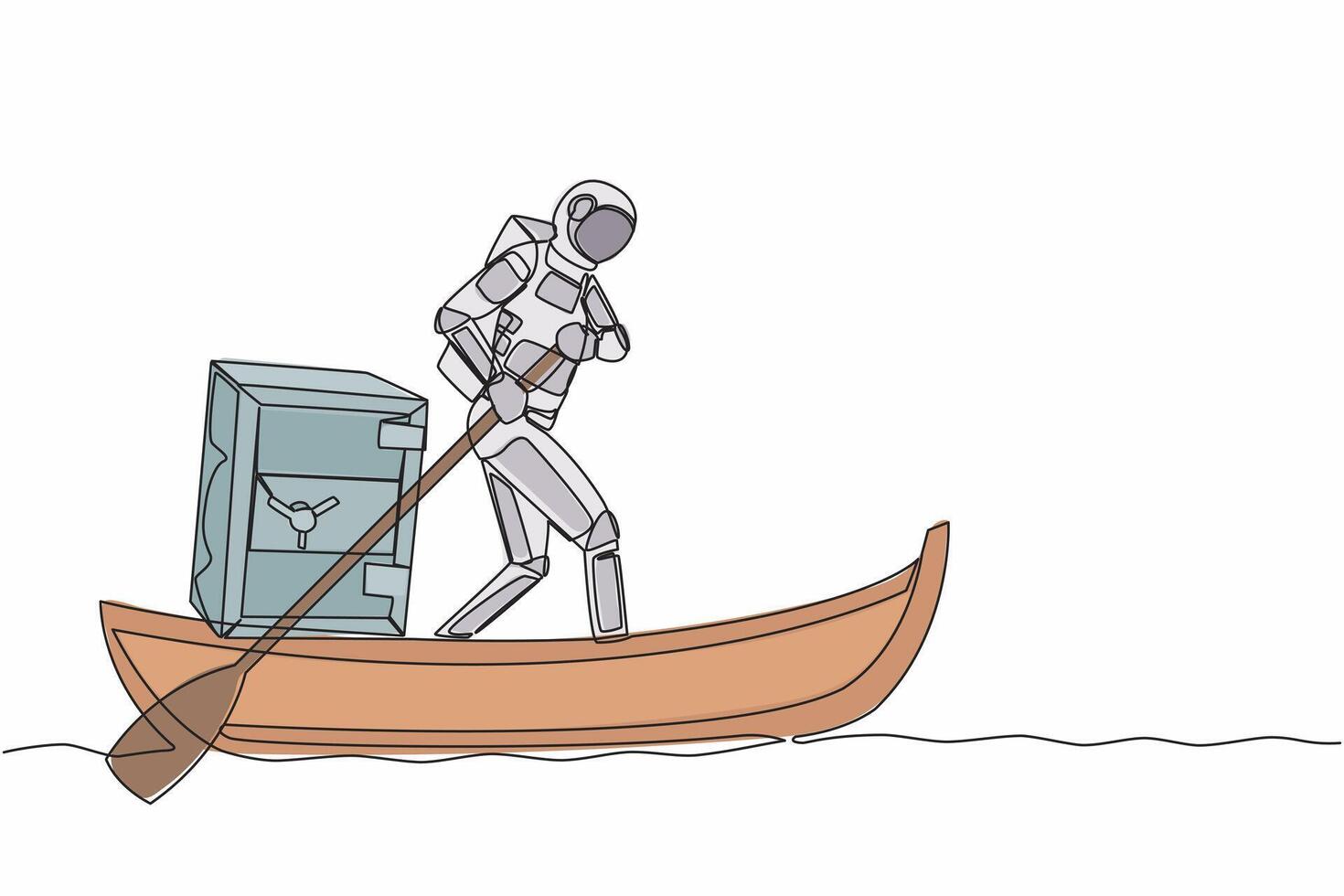 Single continuous line drawing astronaut sailing away on boat with safe deposit box. Bank deposit protection for space mission. Cosmonaut deep space. One line draw graphic design vector illustration