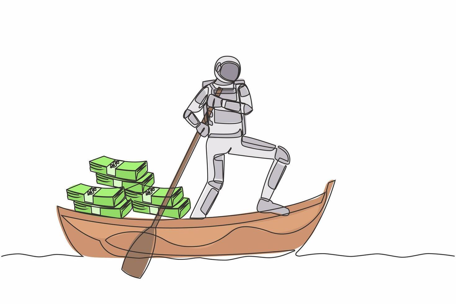 Single one line drawing astronaut sailing away on boat with pile of banknote. Financial crime or money laundering in space exploration. Cosmic galaxy space. Continuous line design vector illustration