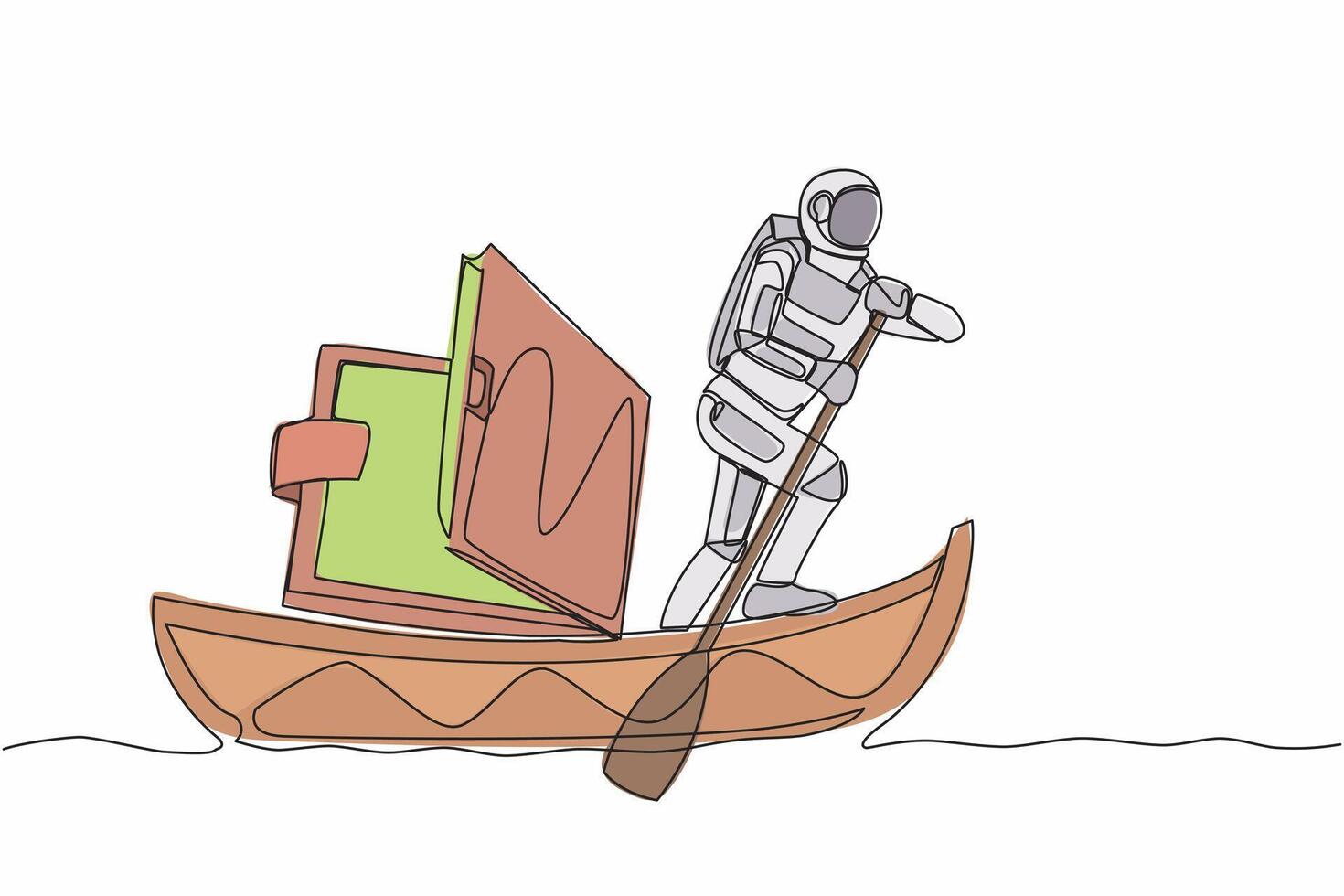 Continuous one line drawing of young astronaut sailing away on boat with wallet. Problem in space company due to economic crisis. Cosmonaut outer space. Single line design vector graphic illustration